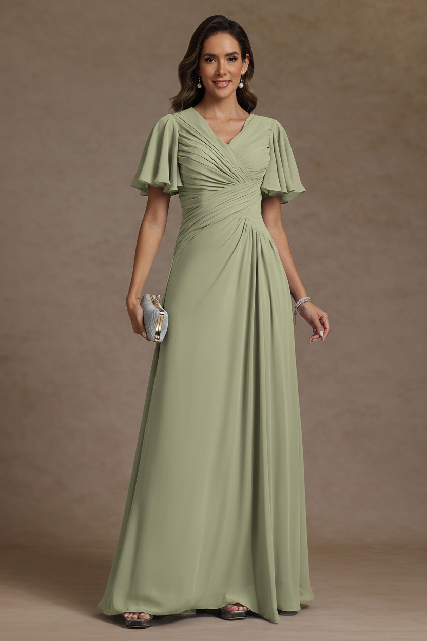 A-Line/Princess V-Neck Chiffon Mother of the Bride Dresses Floor-Length Ruched Short Sleeves