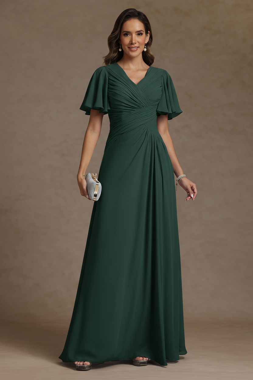 A-Line/Princess V-Neck Chiffon Mother of the Bride Dresses Floor-Length Ruched Short Sleeves
