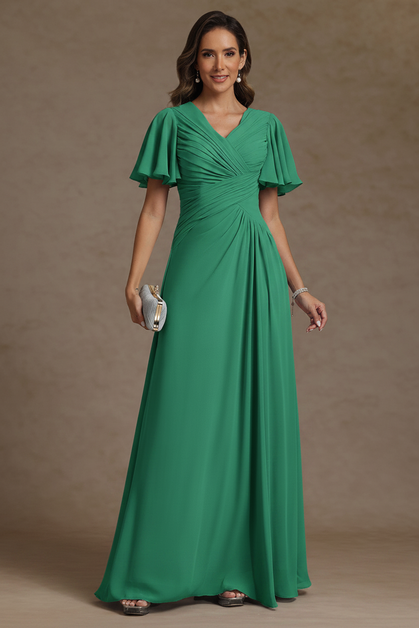 A-Line/Princess V-Neck Chiffon Mother of the Bride Dresses Floor-Length Ruched Short Sleeves
