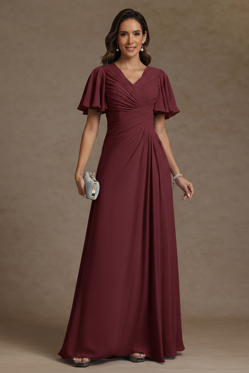 A-Line/Princess V-Neck Chiffon Mother of the Bride Dresses Floor-Length Ruched Short Sleeves