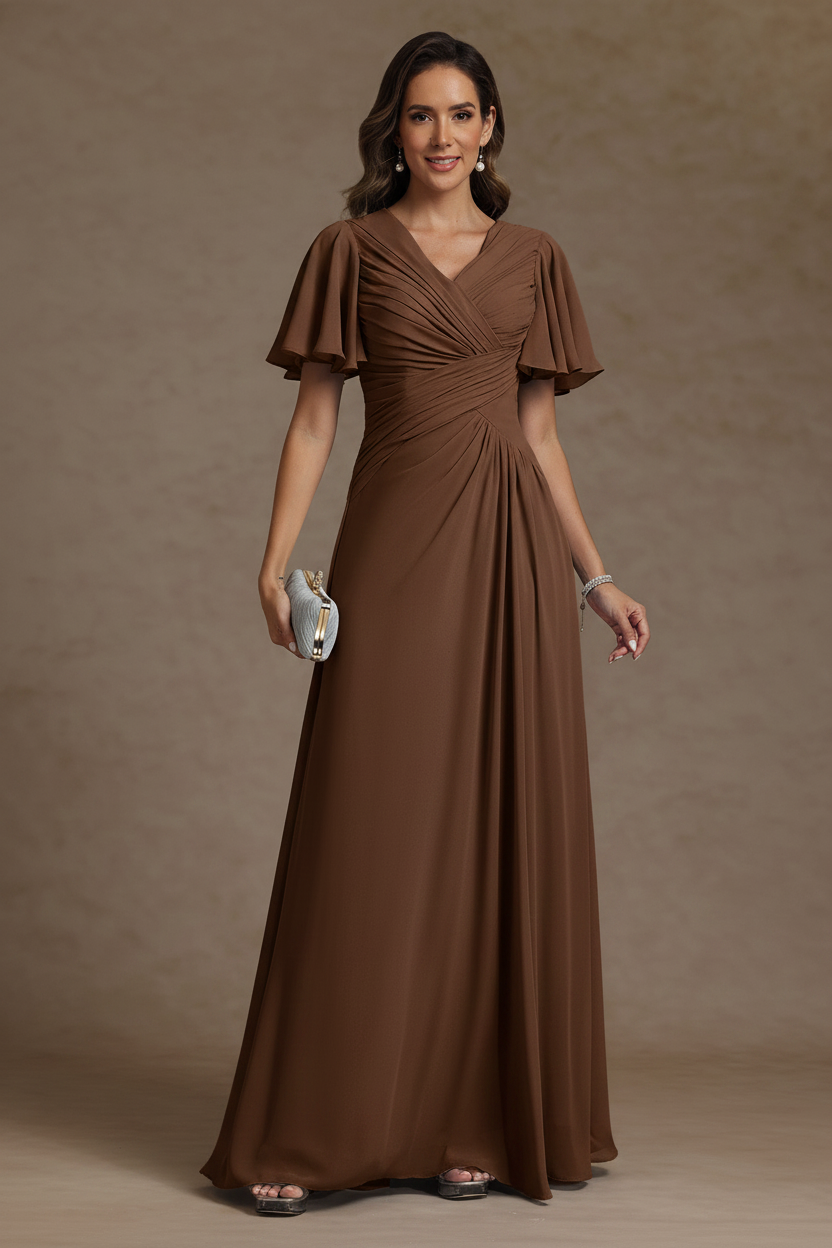 A-Line/Princess V-Neck Chiffon Mother of the Bride Dresses Floor-Length Ruched Short Sleeves