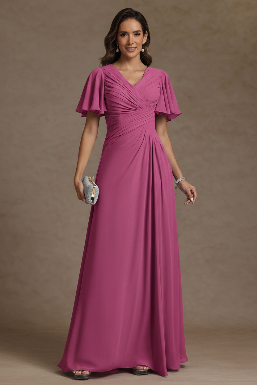 A-Line/Princess V-Neck Chiffon Mother of the Bride Dresses Floor-Length Ruched Short Sleeves
