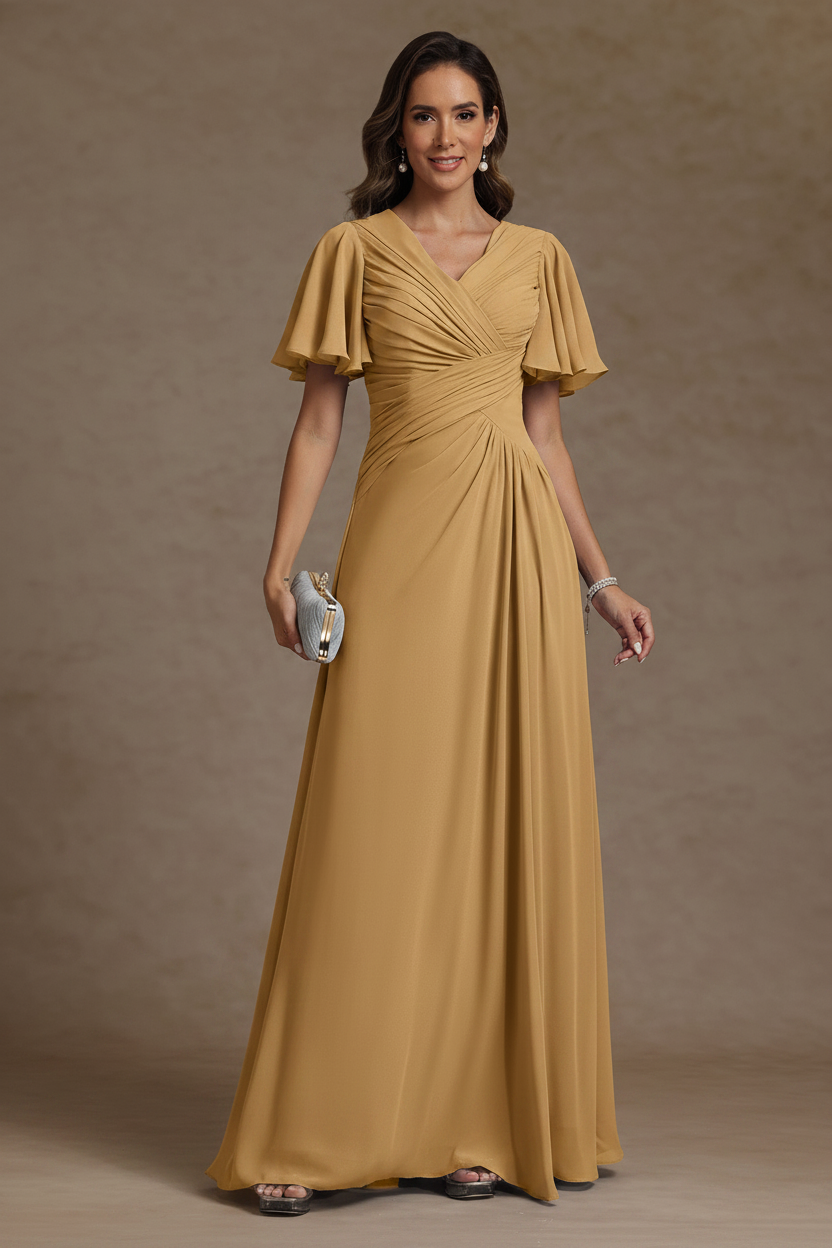 A-Line/Princess V-Neck Chiffon Mother of the Bride Dresses Floor-Length Ruched Short Sleeves
