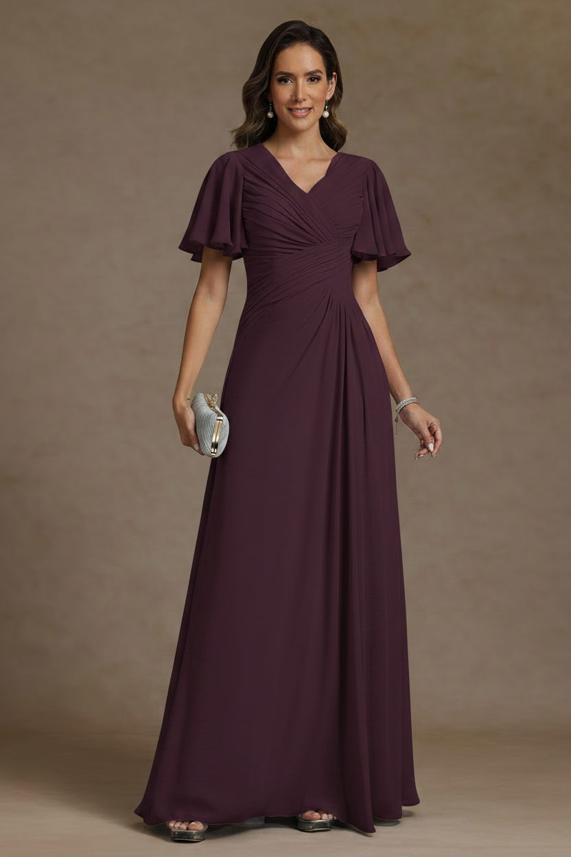A-Line/Princess V-Neck Chiffon Mother of the Bride Dresses Floor-Length Ruched Short Sleeves