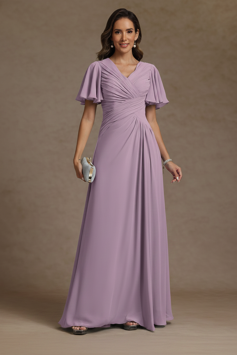 A-Line/Princess V-Neck Chiffon Mother of the Bride Dresses Floor-Length Ruched Short Sleeves