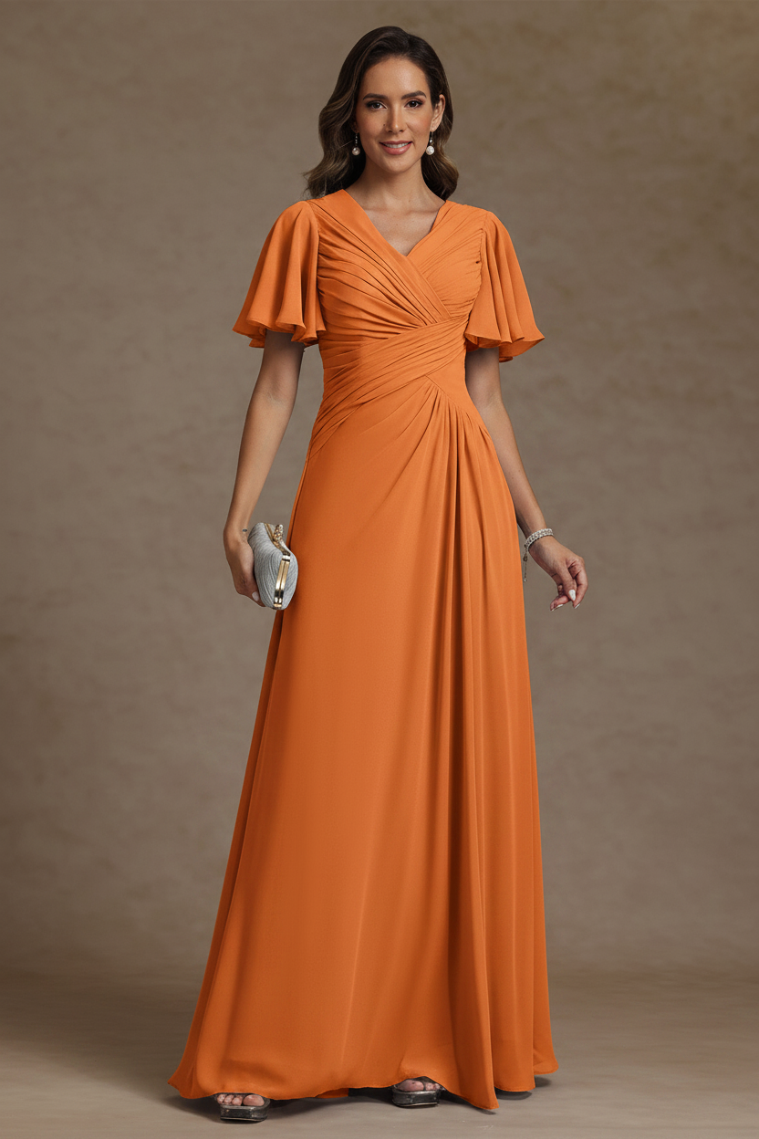 A-Line/Princess V-Neck Chiffon Mother of the Bride Dresses Floor-Length Ruched Short Sleeves