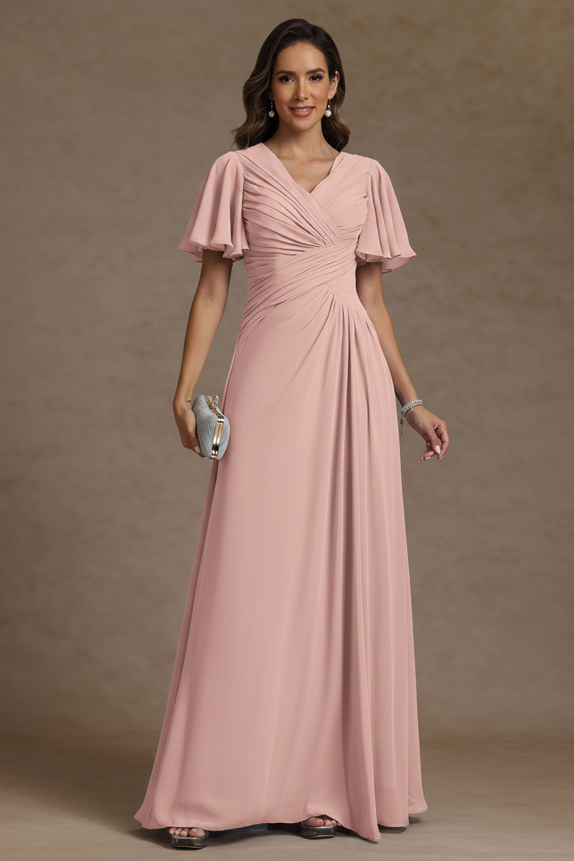 A-Line/Princess V-Neck Chiffon Mother of the Bride Dresses Floor-Length Ruched Short Sleeves