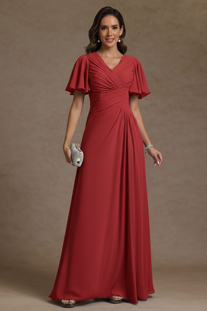 A-Line/Princess V-Neck Chiffon Mother of the Bride Dresses Floor-Length Ruched Short Sleeves
