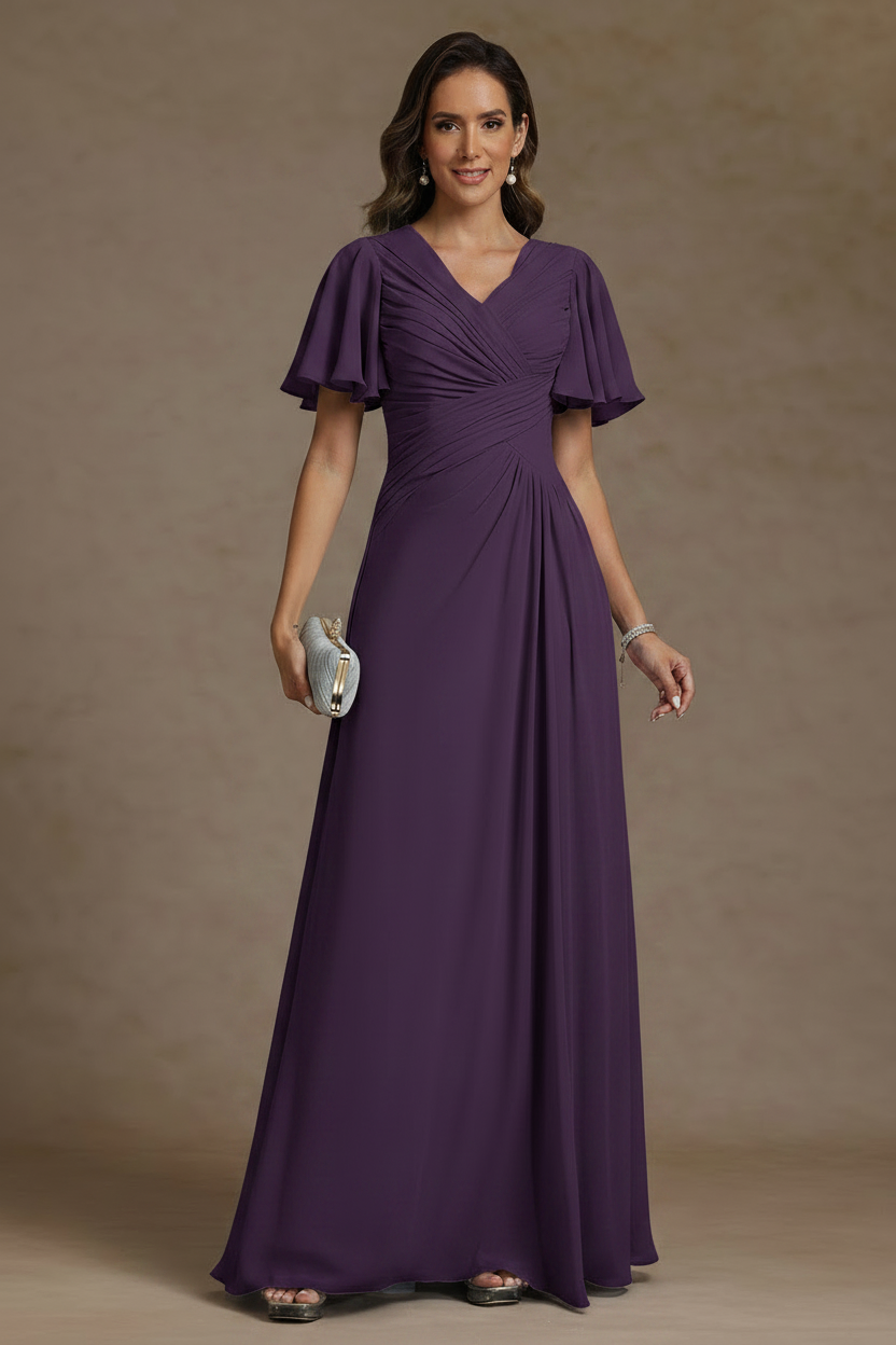 A-Line/Princess V-Neck Chiffon Mother of the Bride Dresses Floor-Length Ruched Short Sleeves
