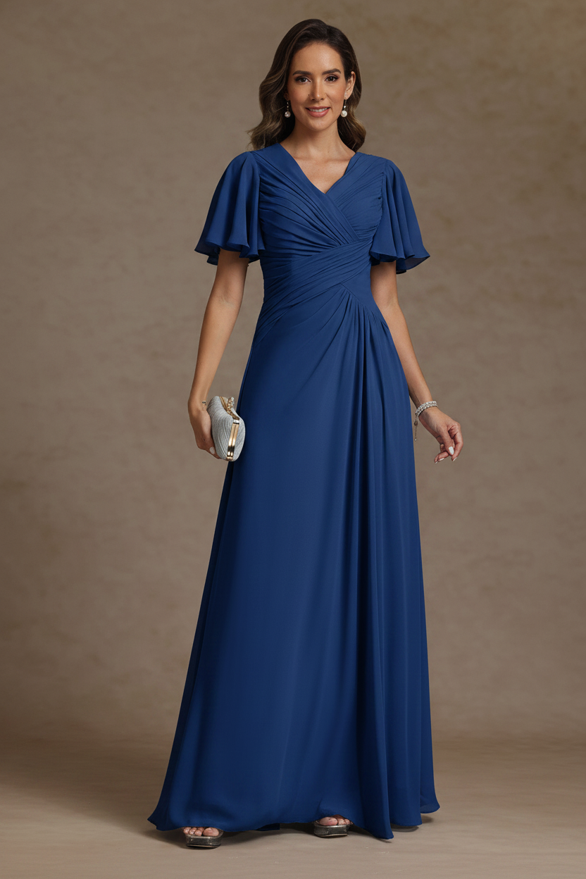 A-Line/Princess V-Neck Chiffon Mother of the Bride Dresses Floor-Length Ruched Short Sleeves