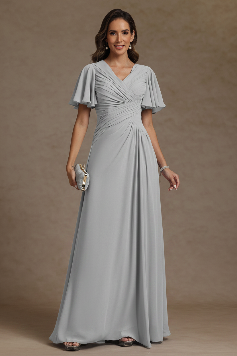 A-Line/Princess V-Neck Chiffon Mother of the Bride Dresses Floor-Length Ruched Short Sleeves