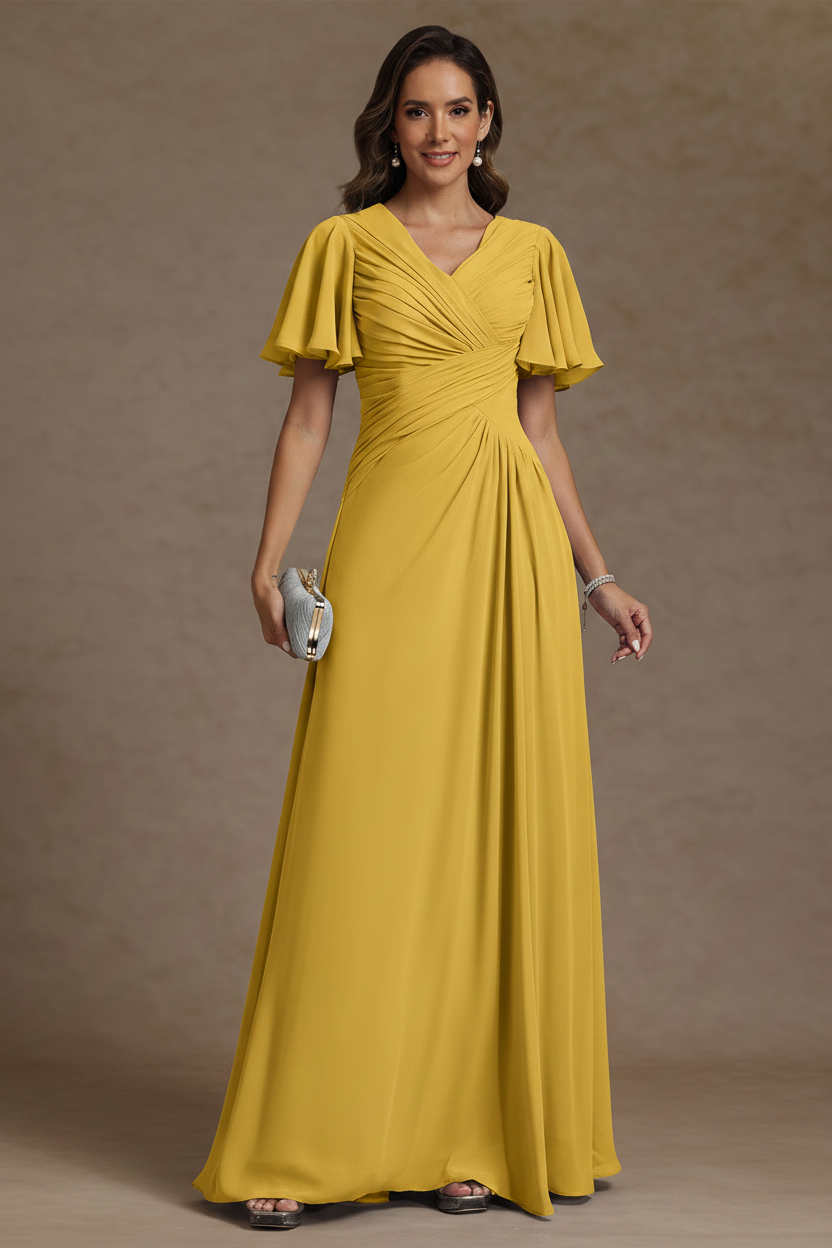A-Line/Princess V-Neck Chiffon Mother of the Bride Dresses Floor-Length Ruched Short Sleeves