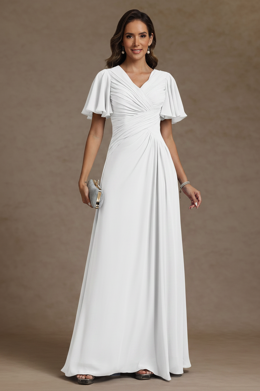 A-Line/Princess V-Neck Chiffon Mother of the Bride Dresses Floor-Length Ruched Short Sleeves