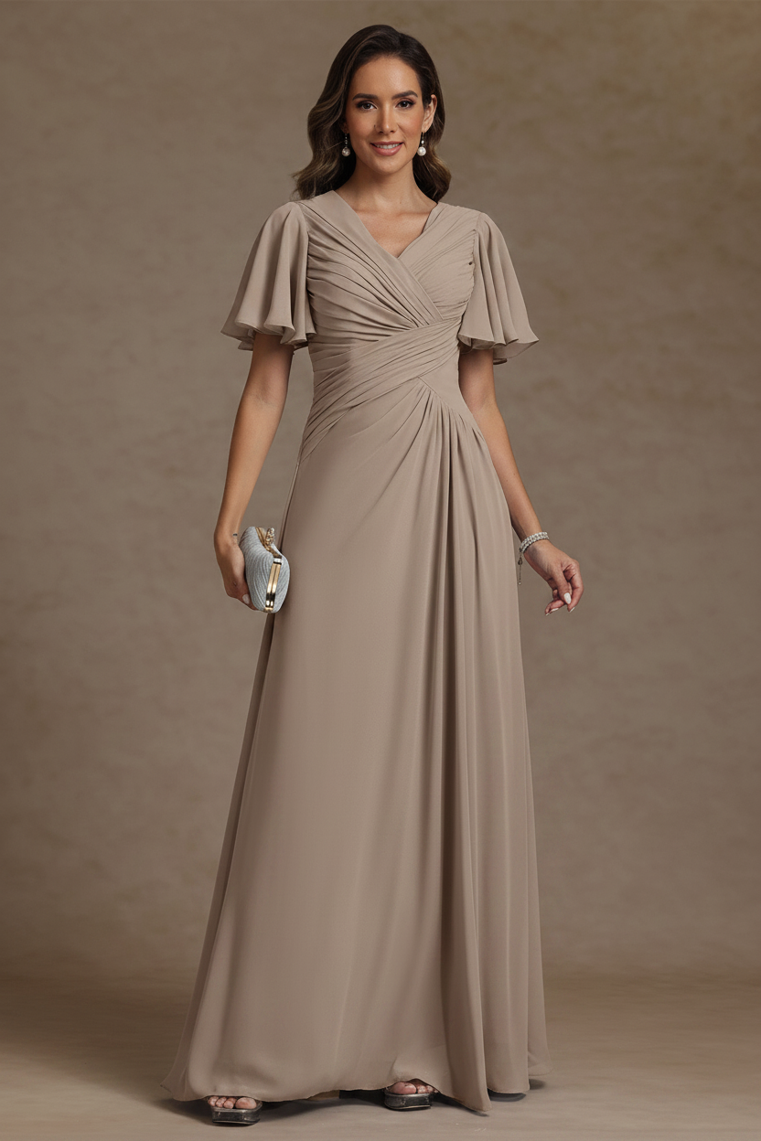 A-Line/Princess V-Neck Chiffon Mother of the Bride Dresses Floor-Length Ruched Short Sleeves