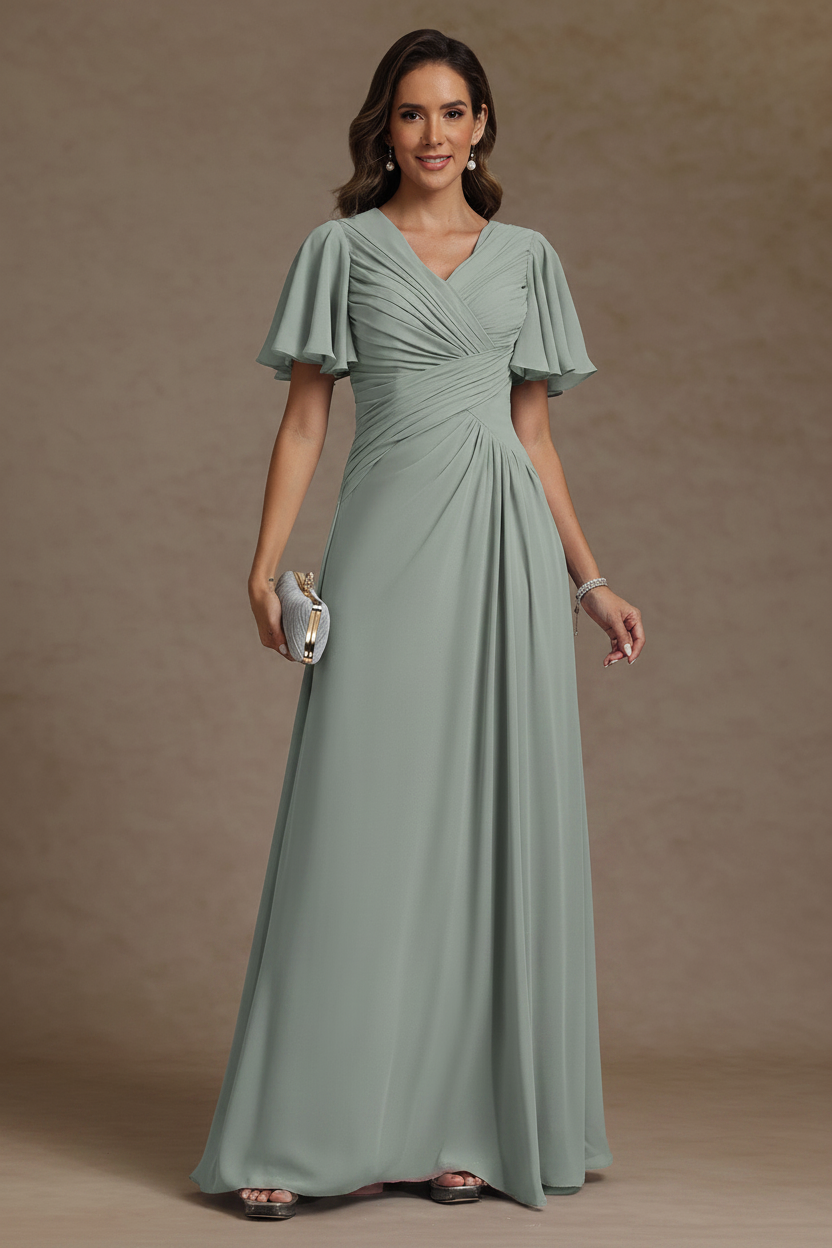A-Line/Princess V-Neck Chiffon Mother of the Bride Dresses Floor-Length Ruched Short Sleeves