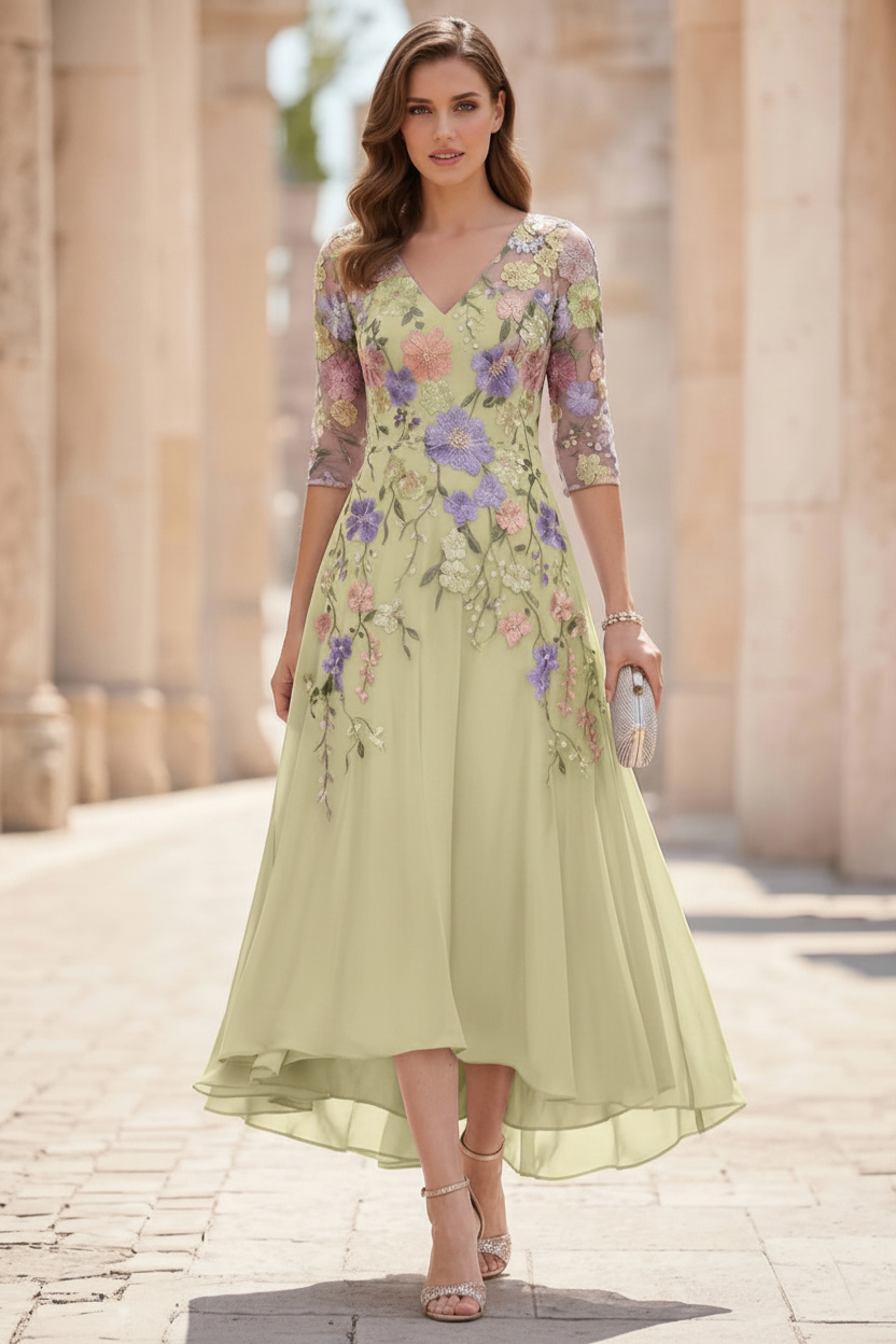 A-Line/Princess V-Neck Chiffon Mother of the Bride Dresses Half Sleeves Lace Floral Asymmetrical Tea-Length