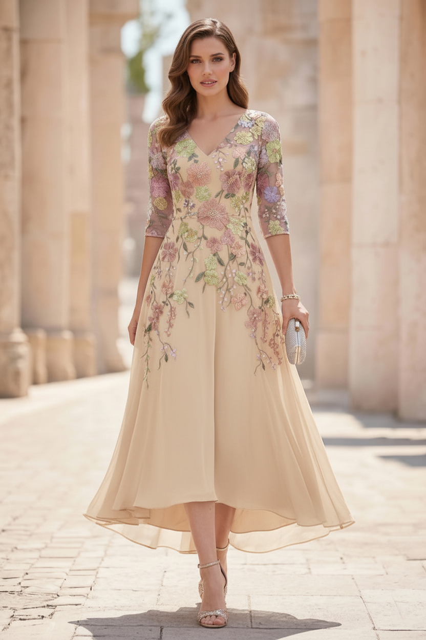 A-Line/Princess V-Neck Chiffon Mother of the Bride Dresses Half Sleeves Lace Floral Asymmetrical Tea-Length