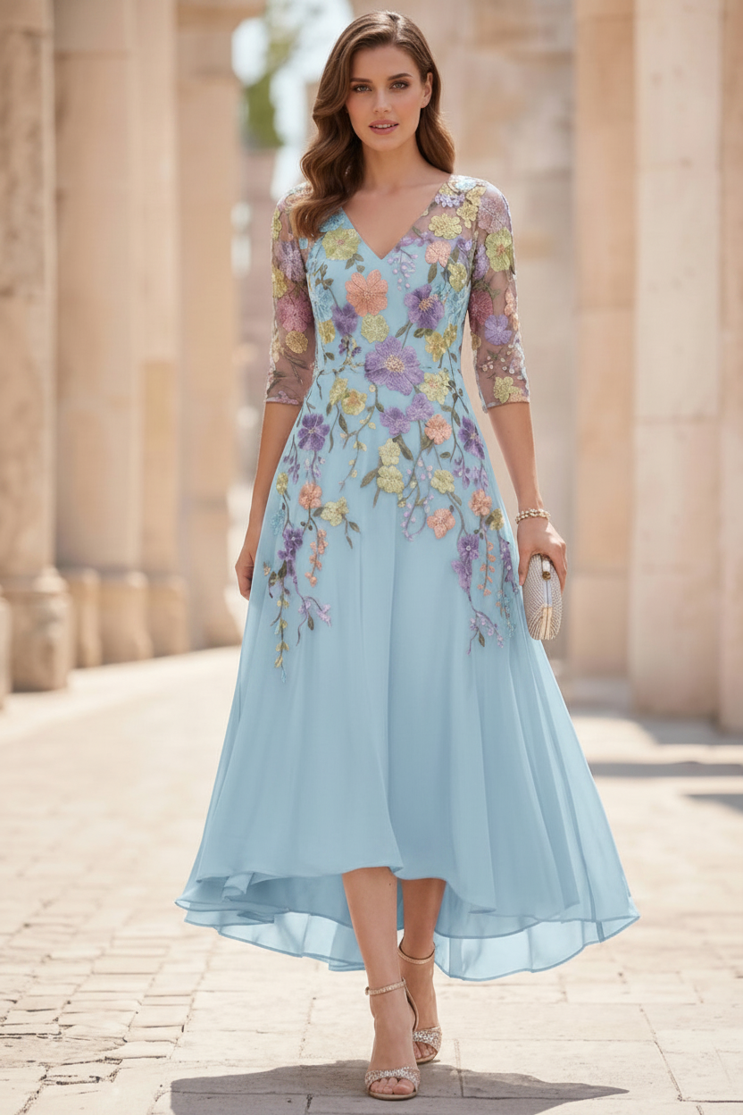 A-Line/Princess V-Neck Chiffon Mother of the Bride Dresses Half Sleeves Lace Floral Asymmetrical Tea-Length