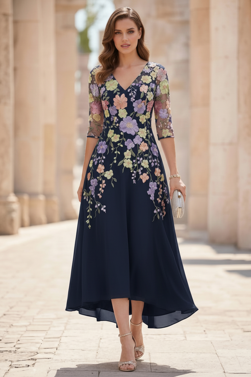 A-Line/Princess V-Neck Chiffon Mother of the Bride Dresses Half Sleeves Lace Floral Asymmetrical Tea-Length
