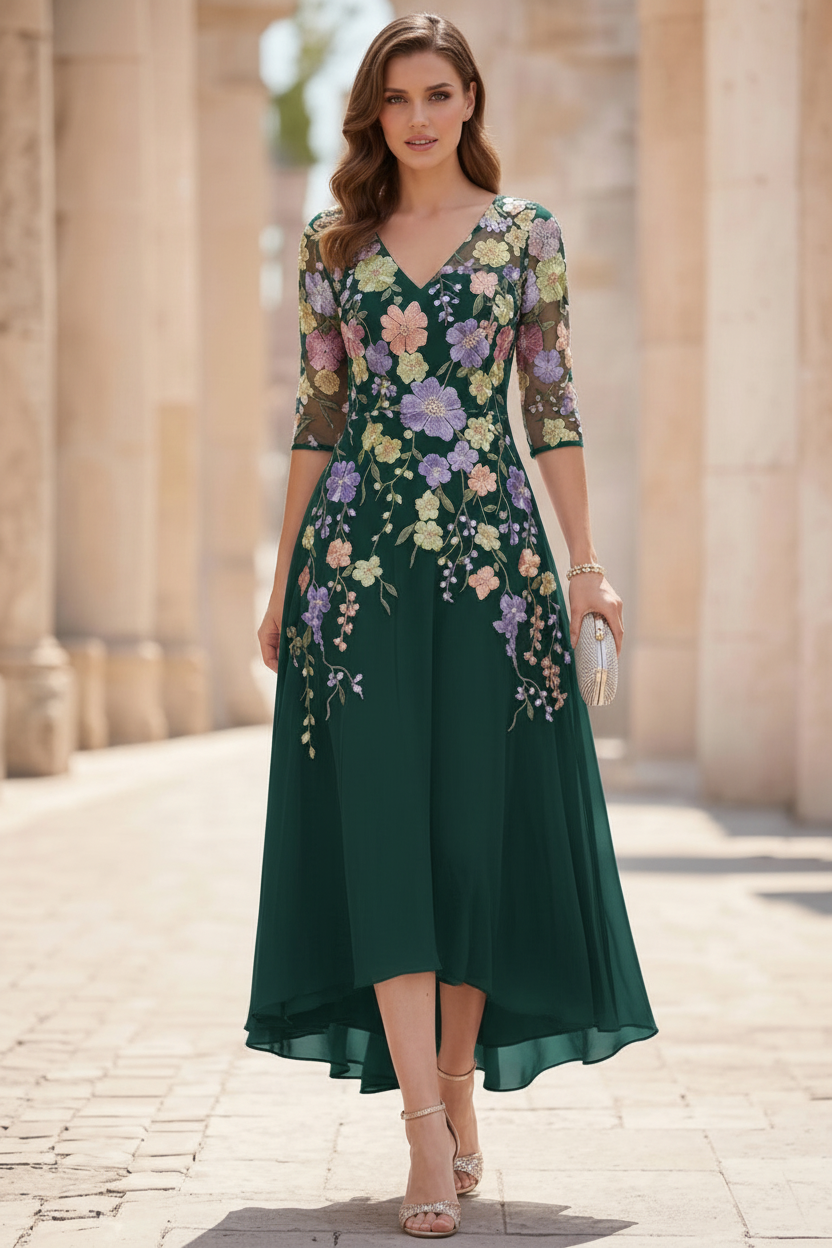 A-Line/Princess V-Neck Chiffon Mother of the Bride Dresses Half Sleeves Lace Floral Asymmetrical Tea-Length