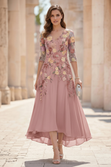 A-Line/Princess V-Neck Chiffon Mother of the Bride Dresses Half Sleeves Lace Floral Asymmetrical Tea-Length