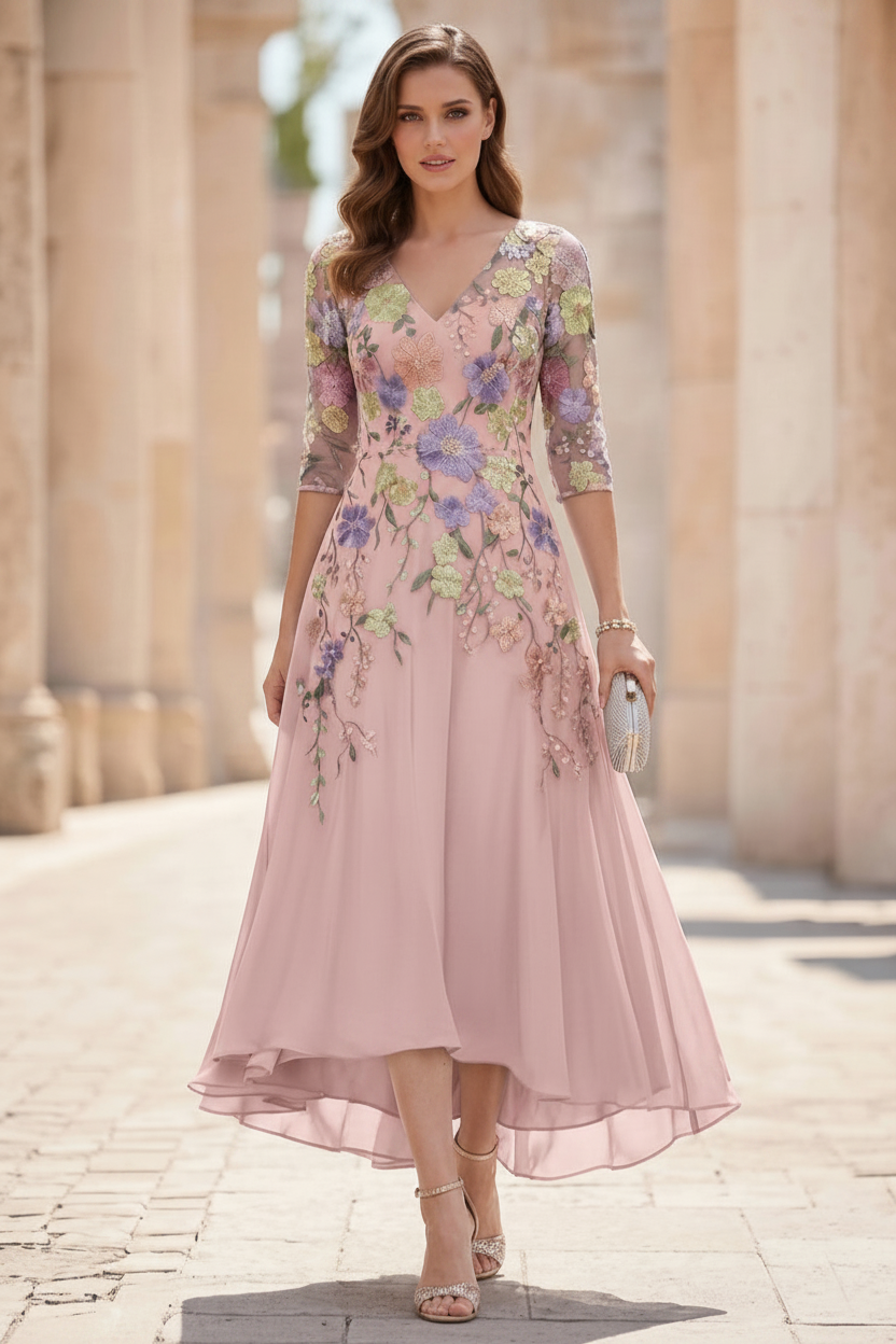 A-Line/Princess V-Neck Chiffon Mother of the Bride Dresses Half Sleeves Lace Floral Asymmetrical Tea-Length