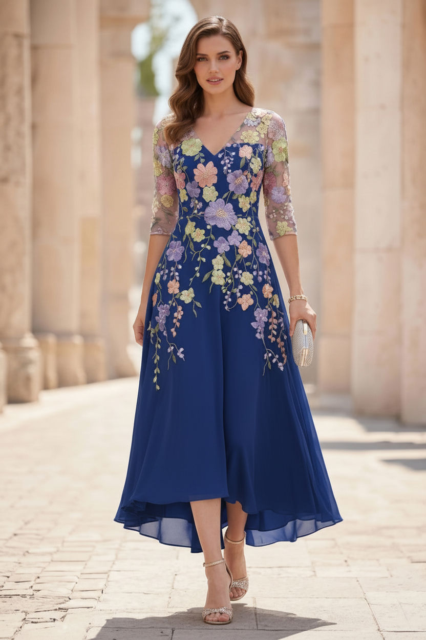 A-Line/Princess V-Neck Chiffon Mother of the Bride Dresses Half Sleeves Lace Floral Asymmetrical Tea-Length