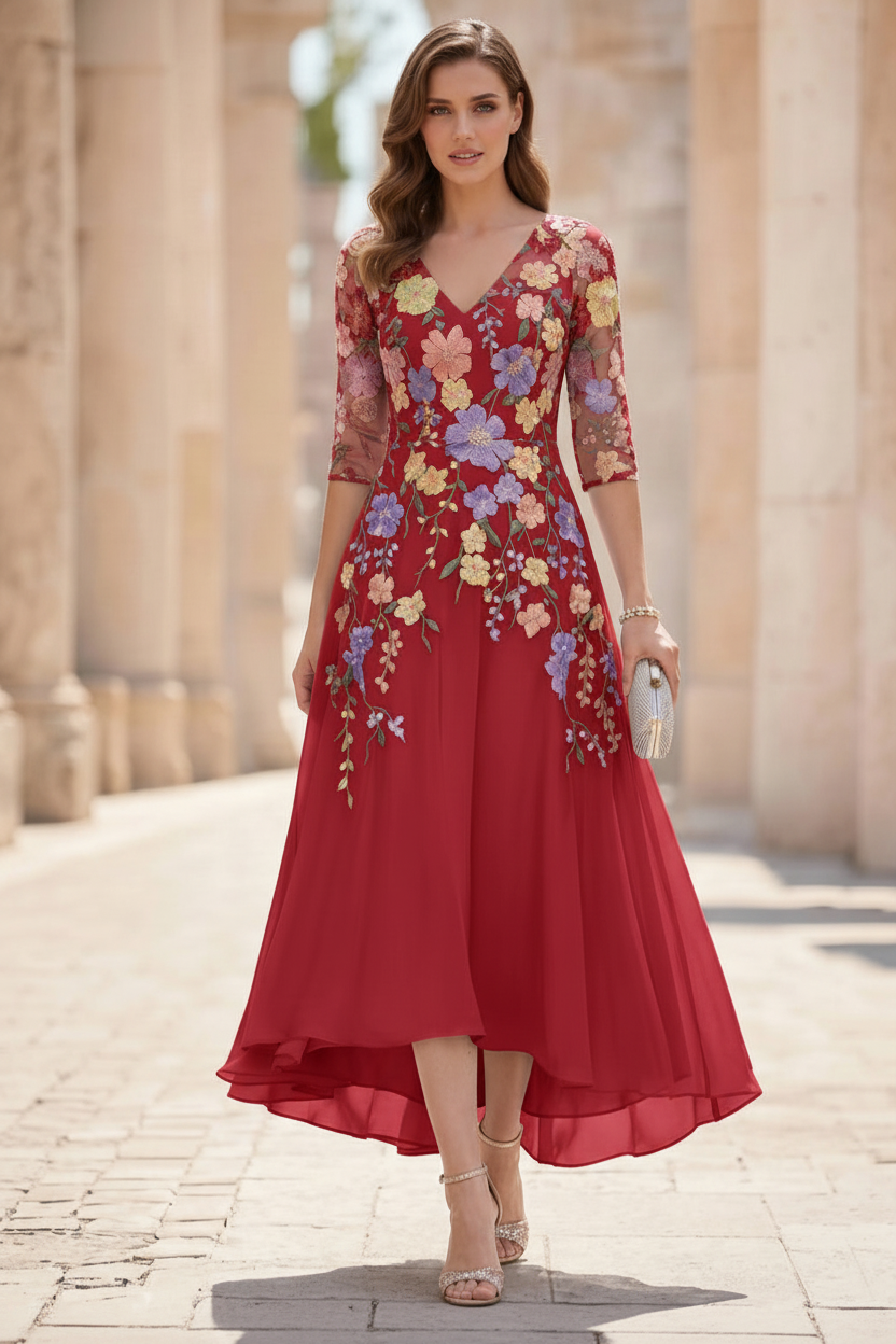 A-Line/Princess V-Neck Chiffon Mother of the Bride Dresses Half Sleeves Lace Floral Asymmetrical Tea-Length