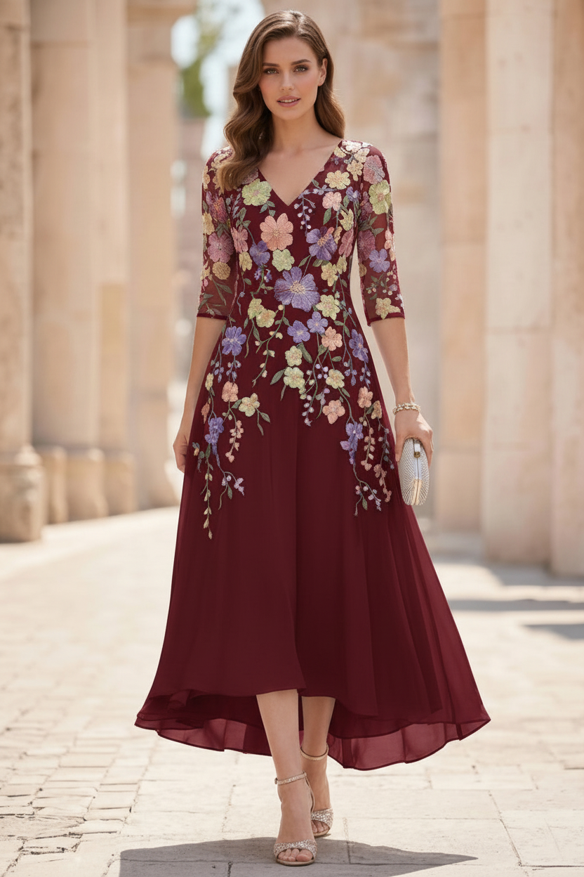 A-Line/Princess V-Neck Chiffon Mother of the Bride Dresses Half Sleeves Lace Floral Asymmetrical Tea-Length