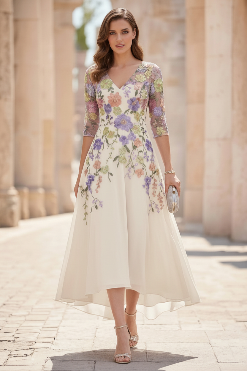 A-Line/Princess V-Neck Chiffon Mother of the Bride Dresses Half Sleeves Lace Floral Asymmetrical Tea-Length