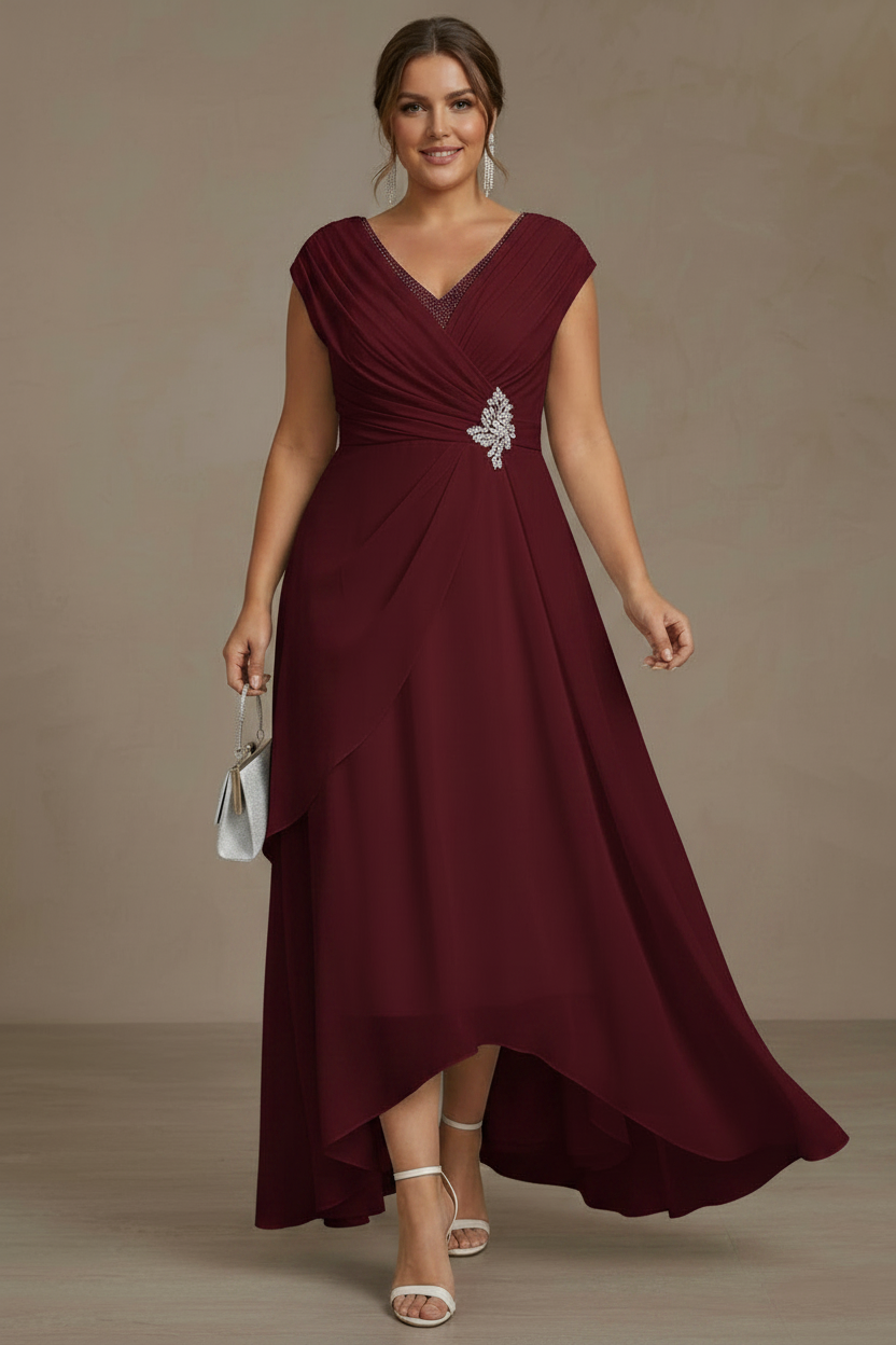 A-Line/Princess V-Neck Chiffon Plus Size Mother of the Bride Dresses Asymmetrical Floor-Length Sequins Ruched