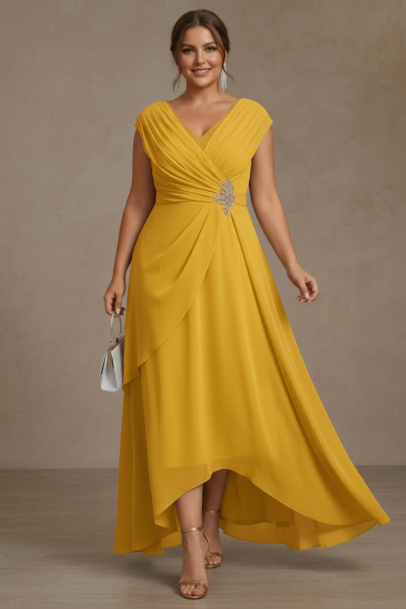 A-Line/Princess V-Neck Chiffon Plus Size Mother of the Bride Dresses Asymmetrical Floor-Length Sequins Ruched