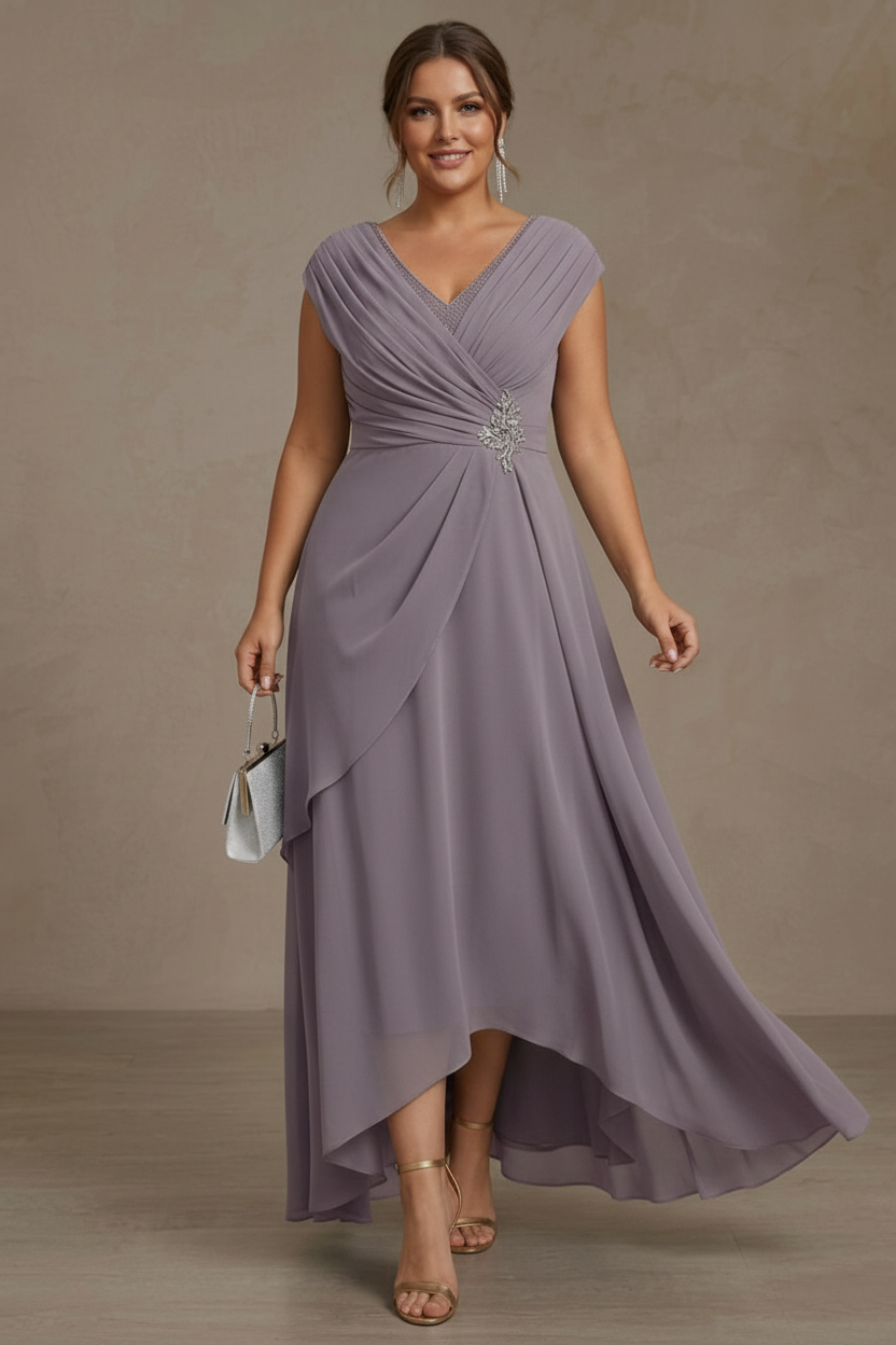 A-Line/Princess V-Neck Chiffon Plus Size Mother of the Bride Dresses Asymmetrical Floor-Length Sequins Ruched