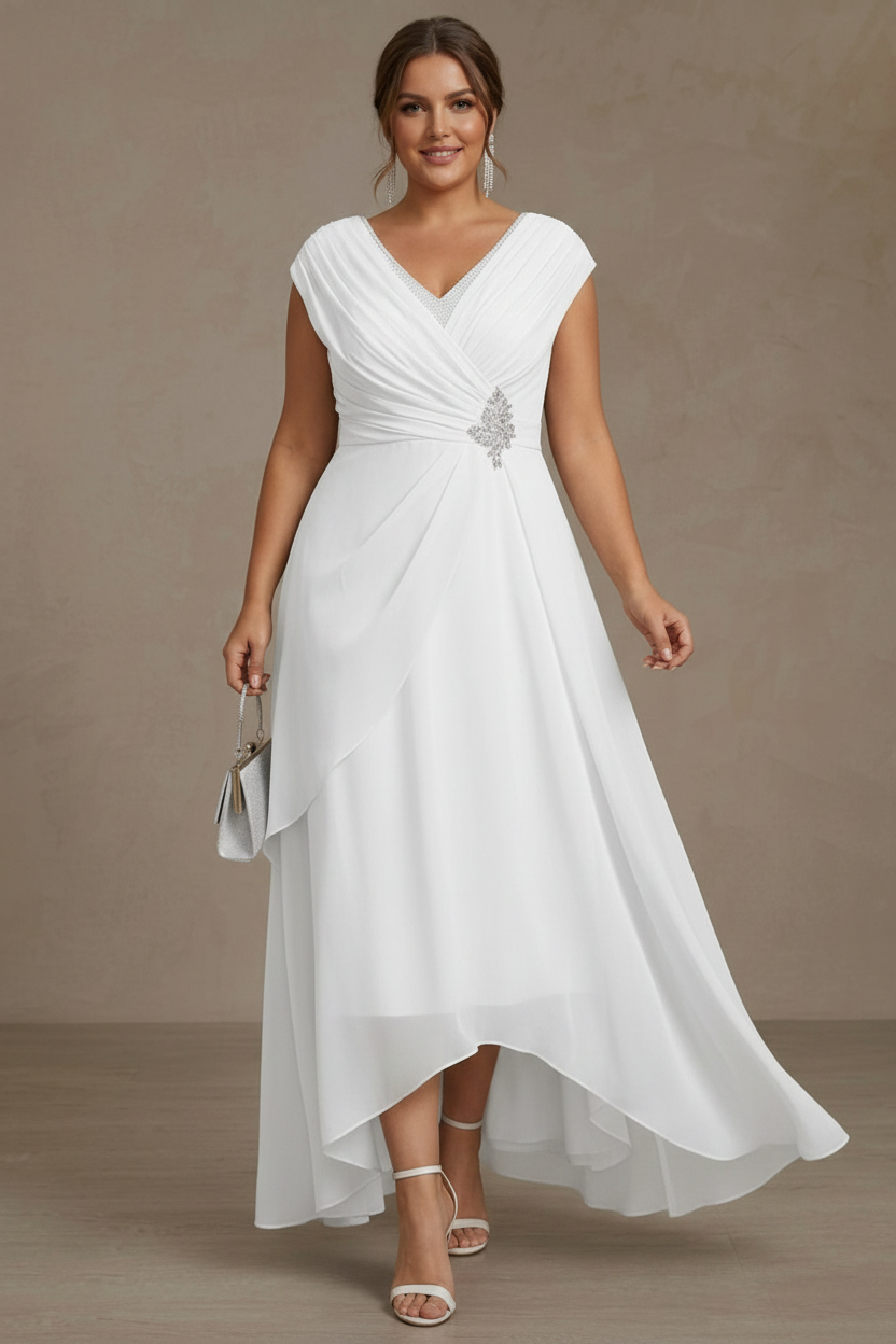 A-Line/Princess V-Neck Chiffon Plus Size Mother of the Bride Dresses Asymmetrical Floor-Length Sequins Ruched
