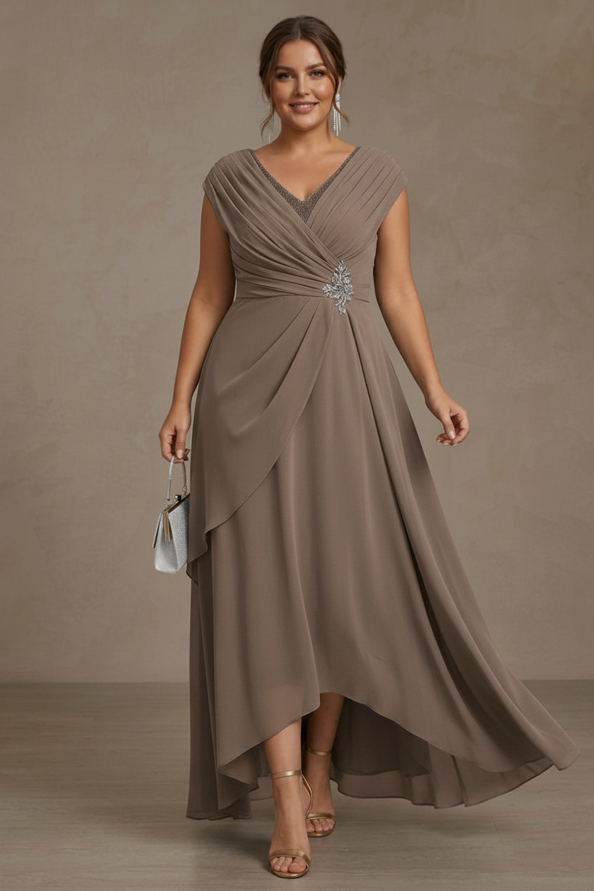 A-Line/Princess V-Neck Chiffon Plus Size Mother of the Bride Dresses Asymmetrical Floor-Length Sequins Ruched
