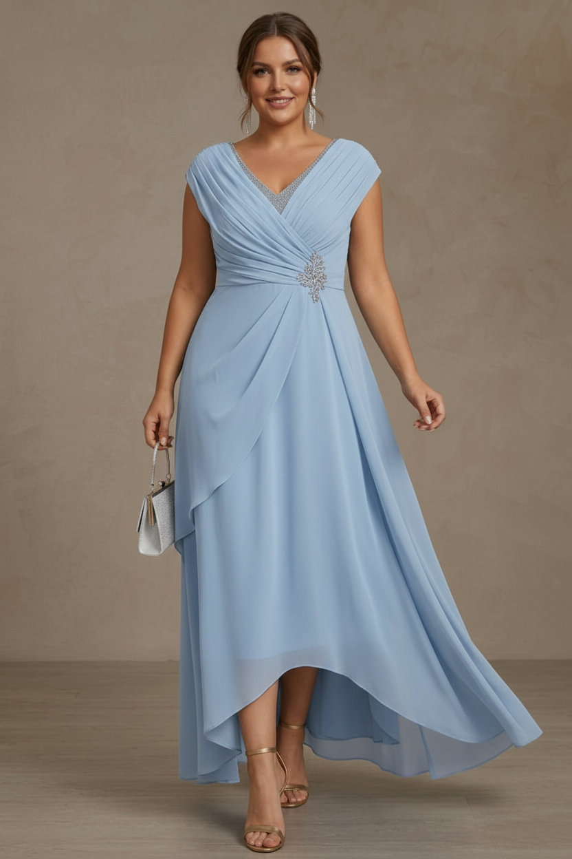 A-Line/Princess V-Neck Chiffon Plus Size Mother of the Bride Dresses Asymmetrical Floor-Length Sequins Ruched