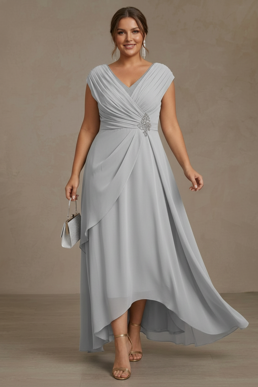 A-Line/Princess V-Neck Chiffon Plus Size Mother of the Bride Dresses Asymmetrical Floor-Length Sequins Ruched