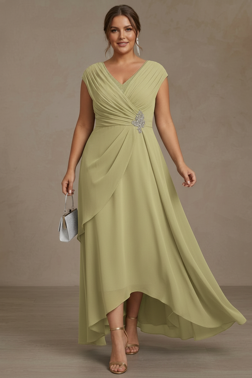 A-Line/Princess V-Neck Chiffon Plus Size Mother of the Bride Dresses Asymmetrical Floor-Length Sequins Ruched