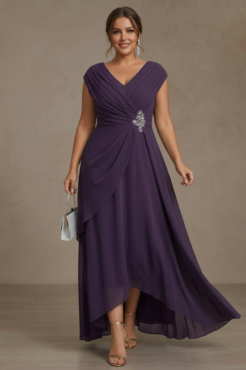 A-Line/Princess V-Neck Chiffon Plus Size Mother of the Bride Dresses Asymmetrical Floor-Length Sequins Ruched