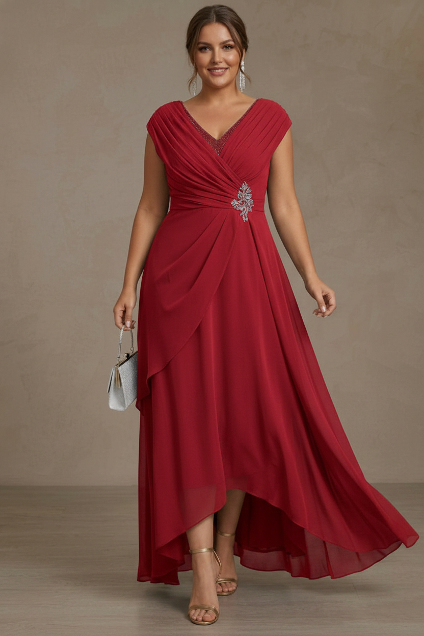 A-Line/Princess V-Neck Chiffon Plus Size Mother of the Bride Dresses Asymmetrical Floor-Length Sequins Ruched
