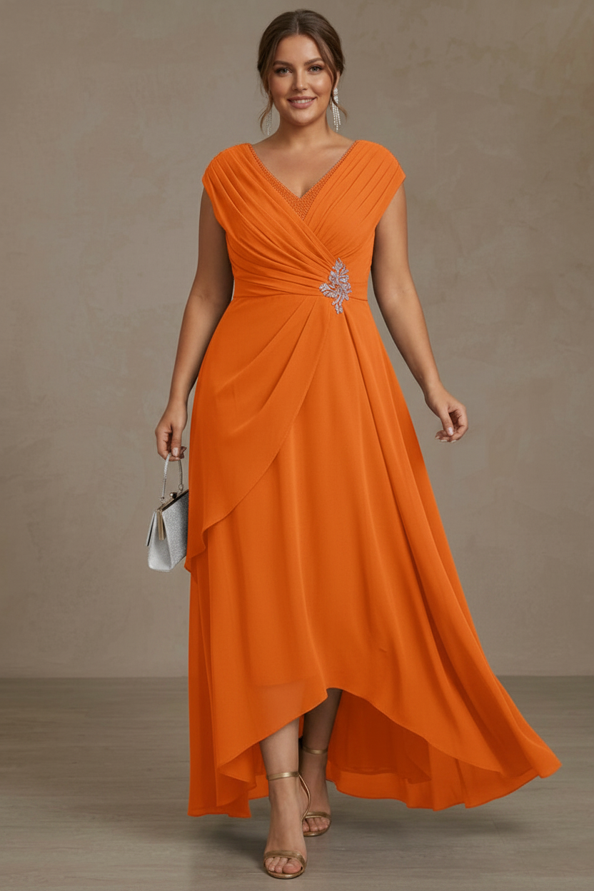 A-Line/Princess V-Neck Chiffon Plus Size Mother of the Bride Dresses Asymmetrical Floor-Length Sequins Ruched