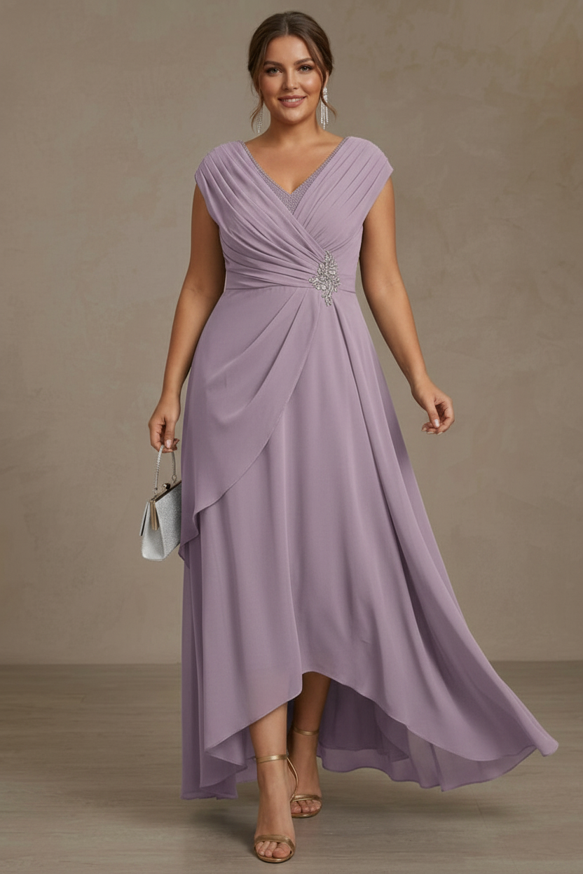 A-Line/Princess V-Neck Chiffon Plus Size Mother of the Bride Dresses Asymmetrical Floor-Length Sequins Ruched