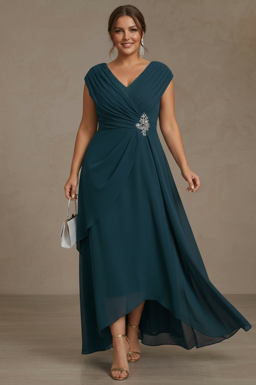 A-Line/Princess V-Neck Chiffon Plus Size Mother of the Bride Dresses Asymmetrical Floor-Length Sequins Ruched