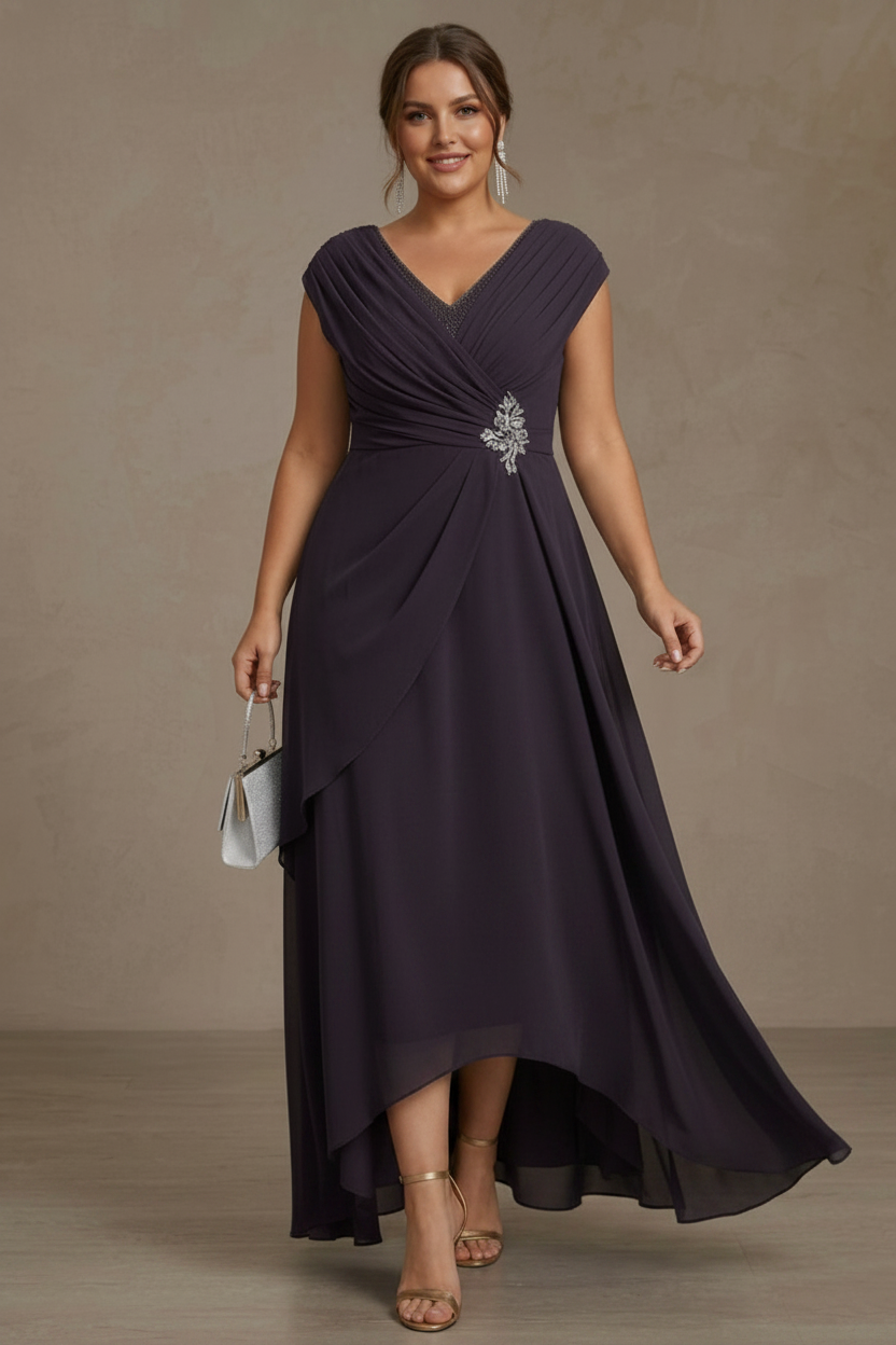 A-Line/Princess V-Neck Chiffon Plus Size Mother of the Bride Dresses Asymmetrical Floor-Length Sequins Ruched