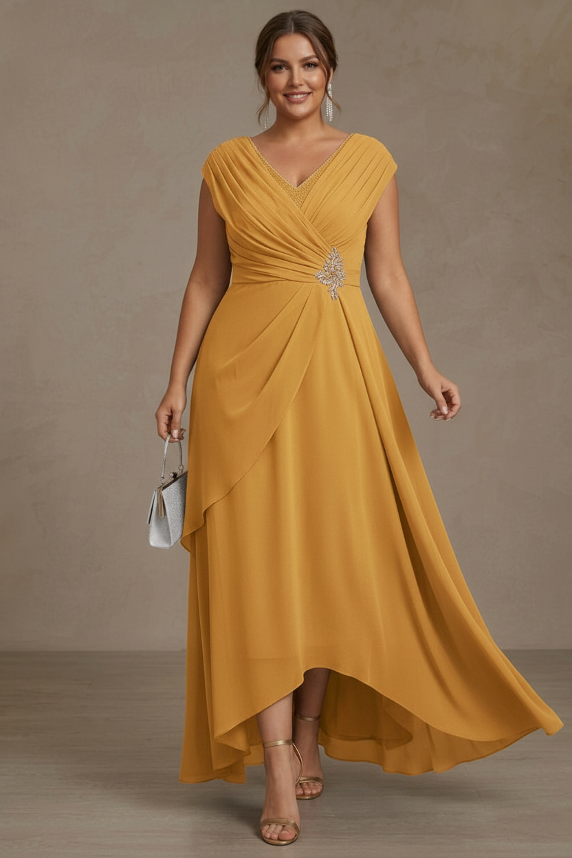A-Line/Princess V-Neck Chiffon Plus Size Mother of the Bride Dresses Asymmetrical Floor-Length Sequins Ruched