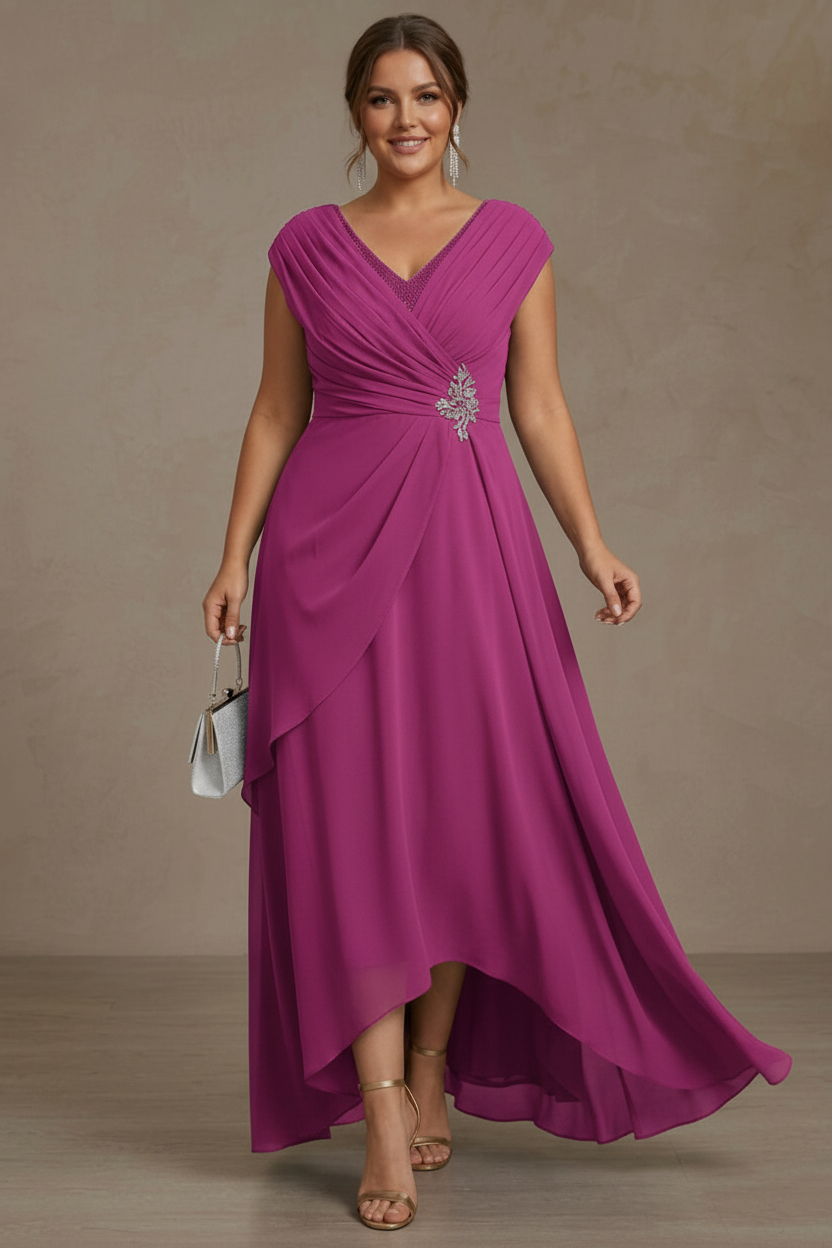A-Line/Princess V-Neck Chiffon Plus Size Mother of the Bride Dresses Asymmetrical Floor-Length Sequins Ruched