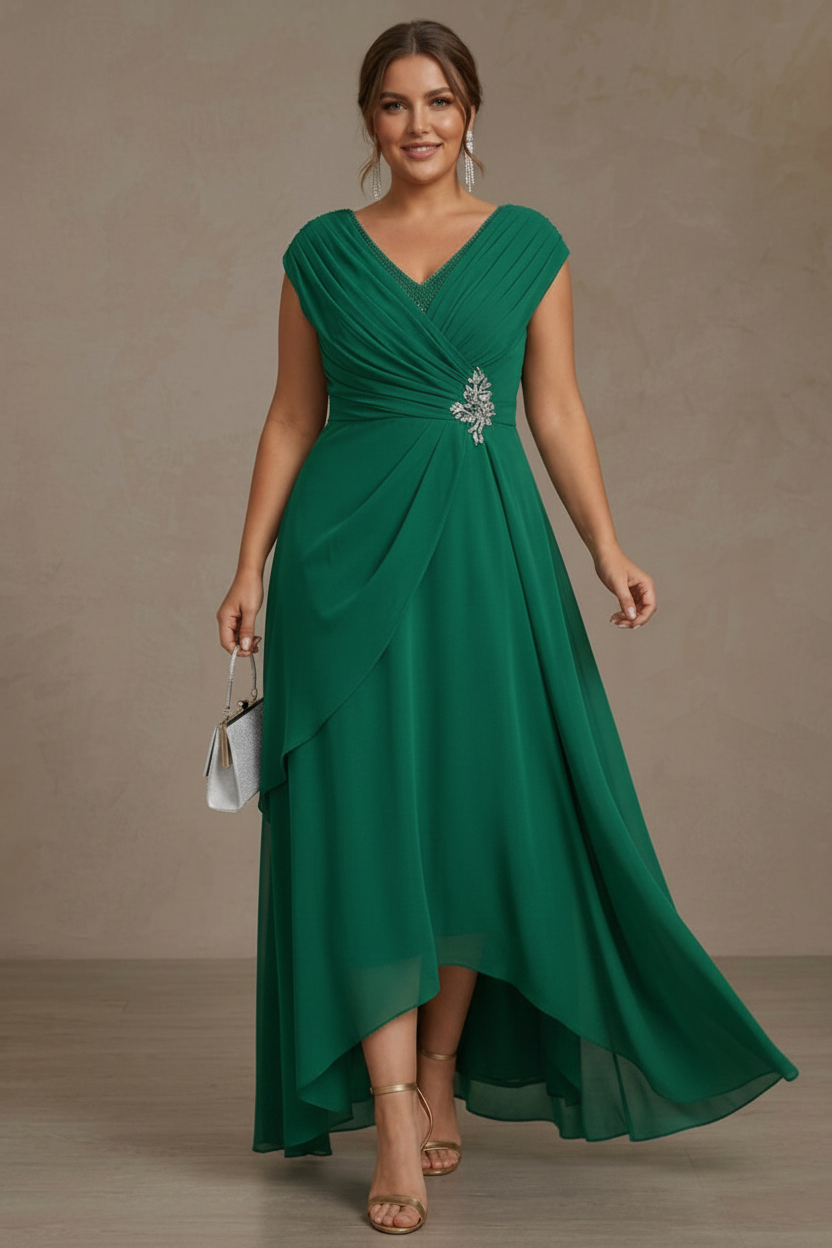 A-Line/Princess V-Neck Chiffon Plus Size Mother of the Bride Dresses Asymmetrical Floor-Length Sequins Ruched