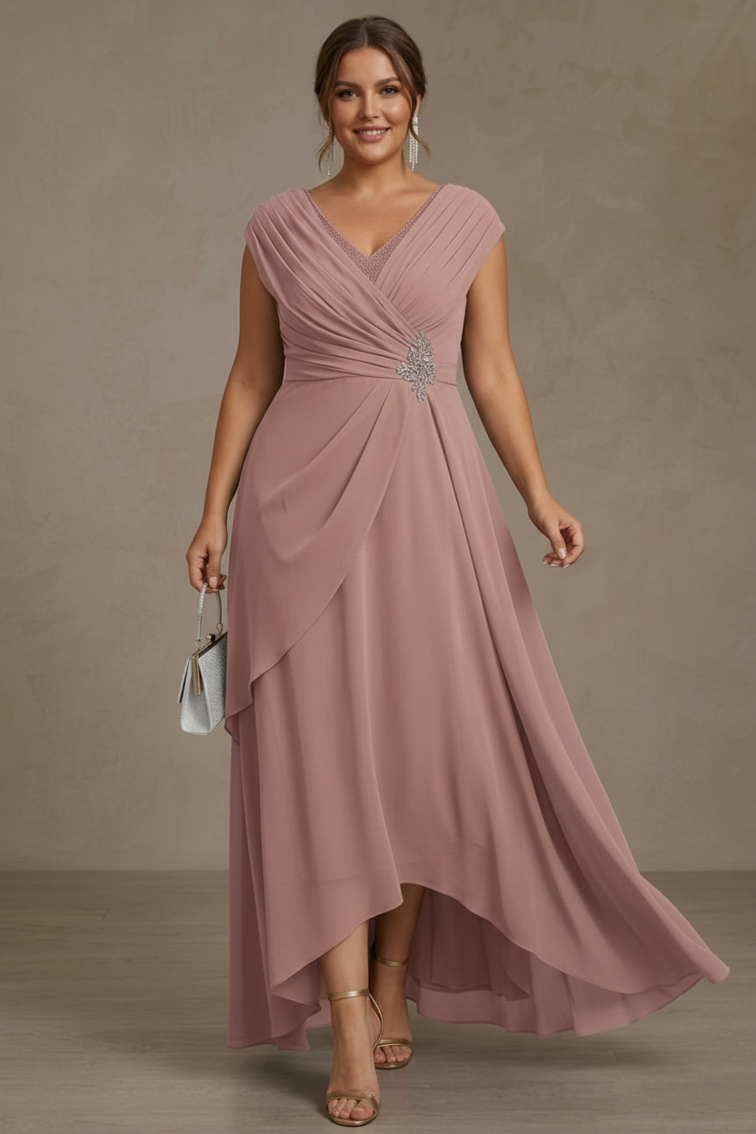 A-Line/Princess V-Neck Chiffon Plus Size Mother of the Bride Dresses Asymmetrical Floor-Length Sequins Ruched