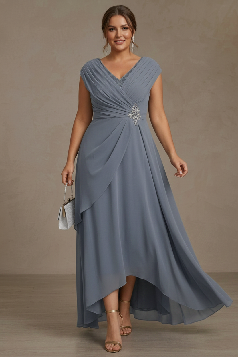 A-Line/Princess V-Neck Chiffon Plus Size Mother of the Bride Dresses Asymmetrical Floor-Length Sequins Ruched
