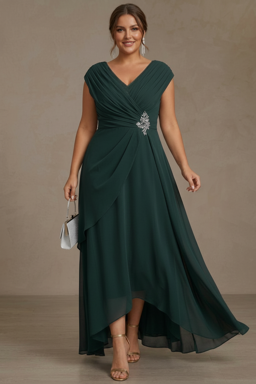 A-Line/Princess V-Neck Chiffon Plus Size Mother of the Bride Dresses Asymmetrical Floor-Length Sequins Ruched